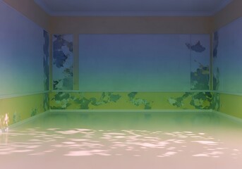 Dilapidated interior with peeling paint and sunlit floor creates eerie vibe