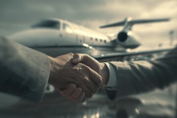 Business professionals finalize a significant deal with a handshake near a private jet during an overcast afternoon at a busy airfield