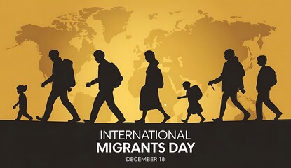 International Migrants Day silhouettes walking across world map