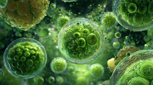 Microscopic Worlds: A captivating macro view of vibrant, spherical micro-organisms suspended in an ethereal aquatic realm, each a microcosm of life.