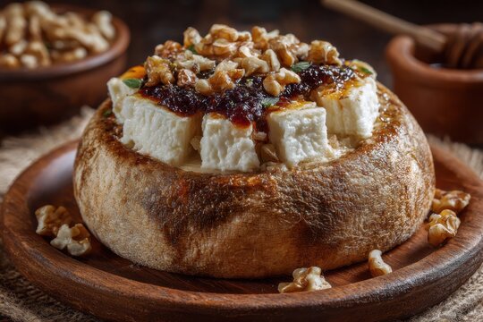 Handmade fibrous alcayota jam topped with fresh cheese and walnuts on a rustic plate, showcasing traditional culinary artistry in a cozy setting