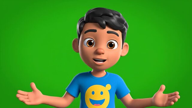 3D cartoon boy talking and gesturing, a cheerful person illustration on a green screen
