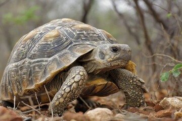 Obraz premium Spek hingeback tortoise exploring rocky terrain in Kruger National Park Mpumalanga during a sunny afternoon