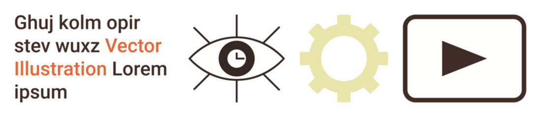 Technology, process automation, media tools, design elements, creative process, user experience. Eye, gear and play button icons in simple style. Technology and process automation concept