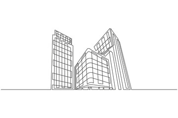 Obraz premium Modern office building skyline continuous one line drawing minimal outline artwork.Contemporary office tower continuous one line drawing elegant minimal vector art illustration.