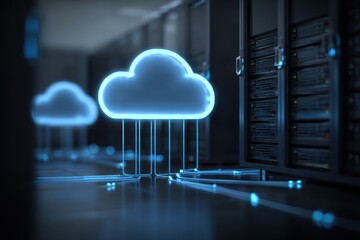 Cloud computing visualization illustrating data storage solutions in a modern server room environment with connected elements for seamless data transfer and accessibility