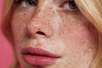 Fototapeta premium Closeup of a beautiful blonde woman with freckles showcasing her natural beauty against a vibrant pink background in bright lighting