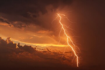 Dramatic lightning bolt strikes through dark storm clouds during a vibrant sunset over an open landscape