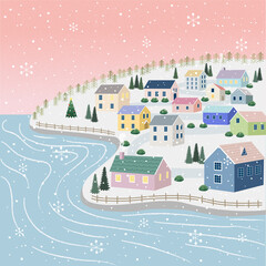 A beautiful winter village where the snow falls into warm atmosphere with the sea
