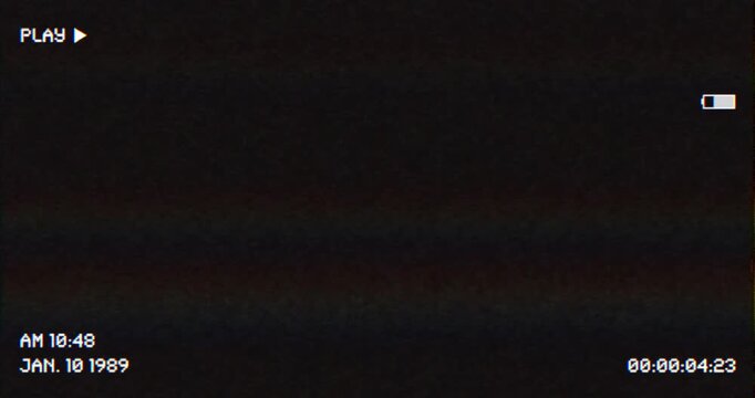 An old damaged VHS tape playing, over noise from an analog TV, with a PLAY text. Cool retro vintage background for modern videos