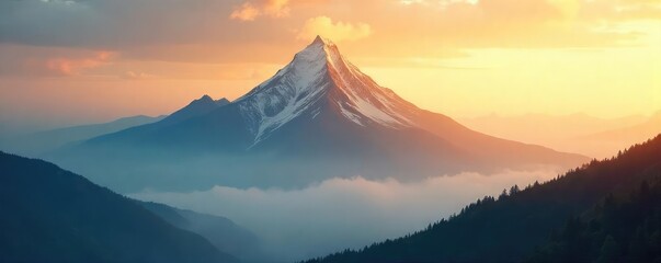 Serene mountain peak shrouded in mist, bathed in golden sunlight, evokes a sense of spiritual awakening and inner peace Perfect for meditation, yoga, and mindfulness themes , ethereal, meditation