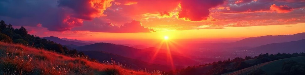 Sizzling summer sunset over a vibrant landscape Perfect for travel, vacation, or adventure themes Stunning fiery colors paint the sky and hills , landscape, blazing, scenic