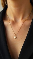 Sleek, minimalist gold necklace with delicate chain and pendant Perfect for everyday wear or special occasions Modern design, elegant simplicity , close-up, stylish