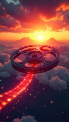 Spectacular aerial shot of a movie reel soaring through a vibrant sunset sky, leaving a sparkling trail  A captivating image representing the magic and wonder of cinema ,  technology,  industry