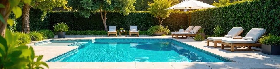 Sparkling blue swimming pool water, sun-drenched patio furniture, and lush green landscaping create the perfect summer oasis Ideal for relaxation and enjoyment , leisure, hotel, calm