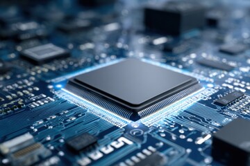 Cpu processes data on a blue circuit board with various small components, demonstrating advanced technology and electronic design in a modern computing environment