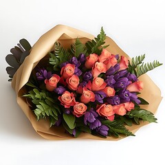 Vibrant bouquet of coral and purple flowers, wrapped in kraft paper.  A mix of roses, tulips, and greenery, creating a beautiful arrangement