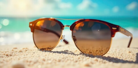 Stylish sunglasses resting on a vibrant summer beach scene, sun reflecting off the lenses Perfect for travel, vacation, and summer fashion themes Enjoy the bright sunny day , white, reflection