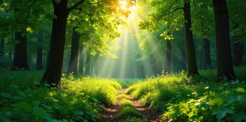 Sun-dappled forest floor in summer, vibrant green foliage, dappled sunlight filtering through leaves, lush undergrowth, tranquil woodland scene , earth, plants