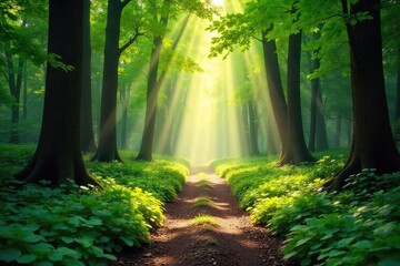 Sun-dappled forest path winds through lush greenery, sunlight filtering through leaves creating a magical atmosphere Perfect for nature, travel, and fantasy themes , magical, texture