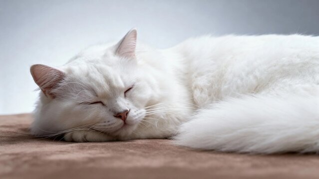 A white cat sleeping peacefully on a soft surface with closed eyes and relaxed posture.