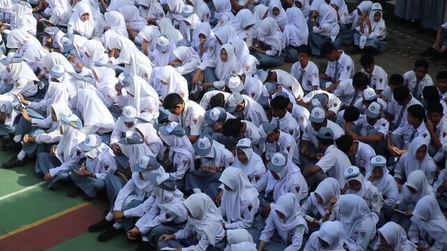 High school students in Java, Indonesia during outdoor learning. Footage taken in Klaten, Central Java, Indonesia on December 2, 2025