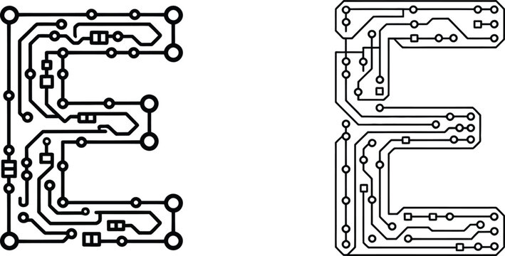 circuit board letter e tech font for futuristic digital technology logos and electronic projects

