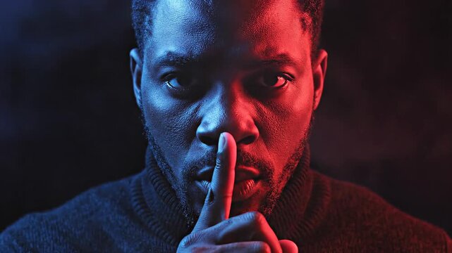 Man holding finger to lips in a dark room with red and blue lighting.
