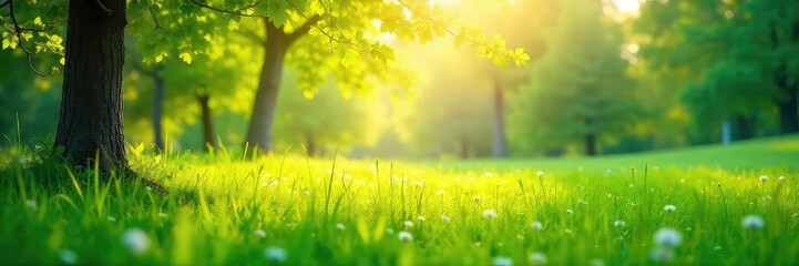 Sunlight dapples a vibrant green meadow, slender branches reaching skyward, creating a tranquil and idyllic natural scene  Perfect for nature, spring, or pastoral themes ,  foliage,  field