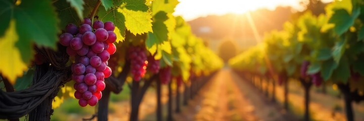 Sunlight dapples rows of ripe grapes hanging heavy on the vine in a picturesque vineyard, ready for harvest  Golden hour casts a warm glow on the lush landscape ,  nature,  organic