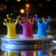 Vibrant color splashes on a metallic surface.  A close-up captures the dynamic artistry of three vibrant color droplets ? yellow, magenta, and blue ? erupting in a series of artistic splashes.  