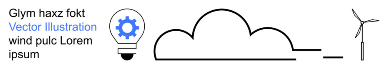 Naklejka premium Renewable energy, eco-technology, sustainable design, green power sources, innovation, environment. Minimalist illustration of a cloud, wind turbine and light bulb with gear. Renewable energy