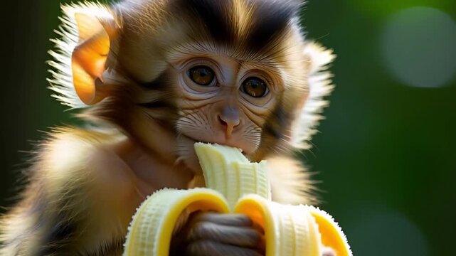 A young monkey eating a peeled banana captured in a close-up portrait highlighting natural behavior and wildlife