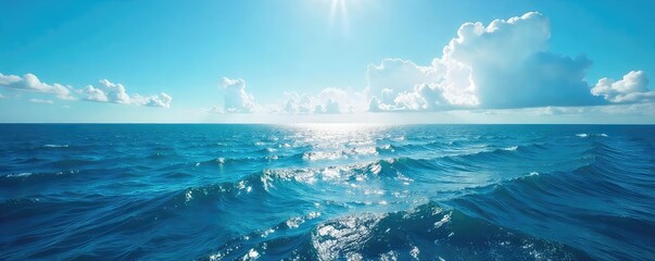 Vast, cerulean ocean stretching to the horizon, sunlight reflecting on endless waves, a tranquil and serene seascape  Immense, powerful, and beautiful ,  tranquil,  tide