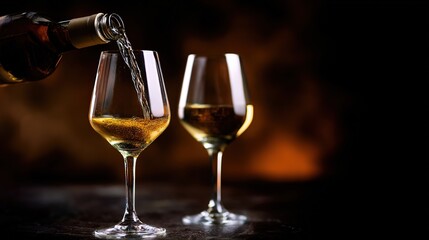 ferment. Two glasses of white wine being poured from a bottle, capturing liquid motion against a dark background. bar promotions, beverage menus, designed for product packaging and bar promotions.
