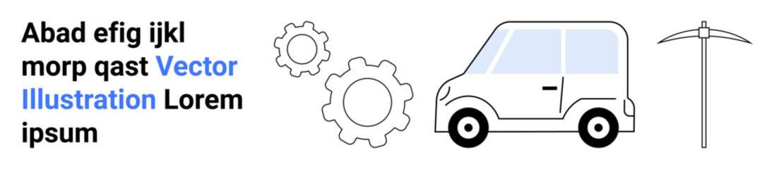 Automotive repair, maintenance services, engineering tools, mechanical systems, vehicle design, transportation concepts. Car alongside gears and a pickaxe. Automotive repair and maintenance