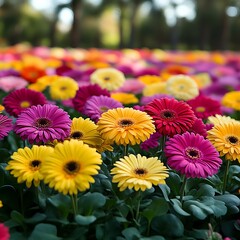 Vibrant colorful gerbera daisies in a garden bed
