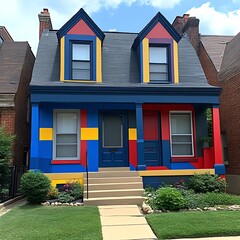 Vibrant, colorful house with geometric patterns.  Exterior painted in bold colors, creating a striking visual.  Two-story structure with multiple windows.  Well-maintained front yard with landscaping