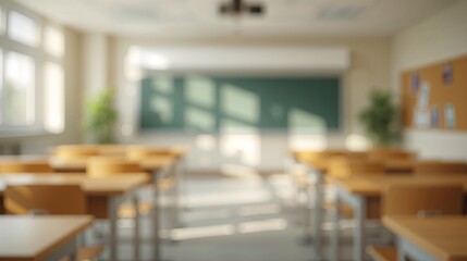  Minimalist classroom frame captures gentle blur over chair table and blackboard interior wallpaper background