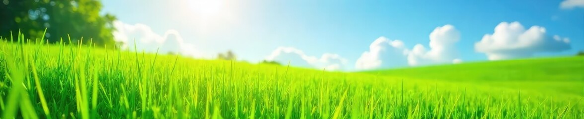Vibrant green field bathed in bright sunlight on a perfect summer day Ideal for nature, spring, or environmental themes Shows lush grass and bright, clear sky , clear, growth