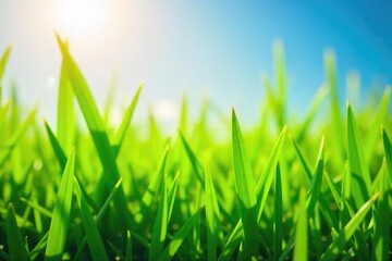 Vibrant green grass bathed in the warm sunlight of a clear daytime sky Perfect for nature, summer, and outdoor themes Shows the texture and detail of healthy, lush grass , green grass, detail