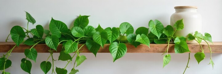 Vibrant green pothos plant cascading down a rustic wooden shelf, adding a touch of nature to a minimalist interior Perfect for home decor and interior design blogs , apartment decor, lush, healthy
