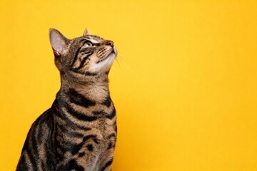 A tabby cat with striped fur looking upward against a bright yellow background