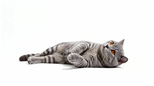 Gray tabby cat lying on its side on a white background