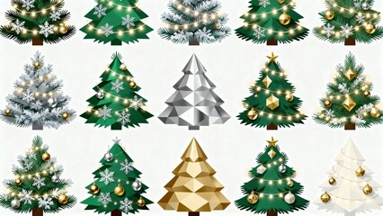 Collection of stylized Christmas trees with various decorations and designs