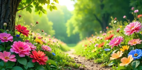 Vibrant summer scene bursting with colorful flowers, lush greenery, and bright sunlight Perfect for summer-themed projects, travel brochures, or seasonal celebrations , meadow, happy