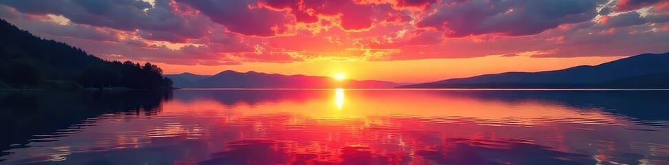 Vibrant sunset over a tranquil lake, reflecting fiery orange and pink hues across the still water  Perfect for travel, nature, or serenity themed projects ,  nature,  calm