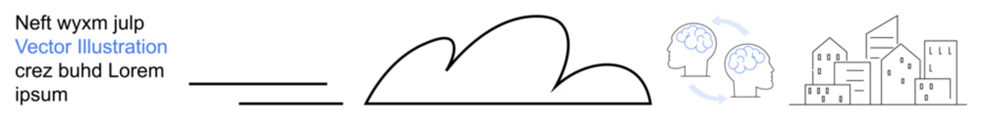 Cloud computing, urban technology, data storage, innovation, artificial intelligence, workflows. Minimalist icons a cloud, human brain and urban skyline. Cloud computing and urban technology concept