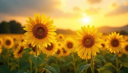 Vibrant sunflowers bask in the golden sunlight, their faces turned towards the sun in a field of summer blooms A picturesque scene of nature's beauty and abundance , landscape, texture