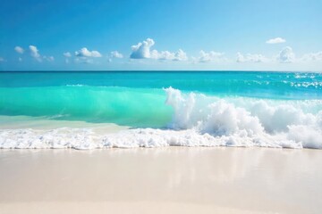 Vibrant turquoise ocean waves crashing on a pristine white sand beach, sunny skies overhead  Perfect for spring break travel brochures or vacation-themed websites ,  sand,  water